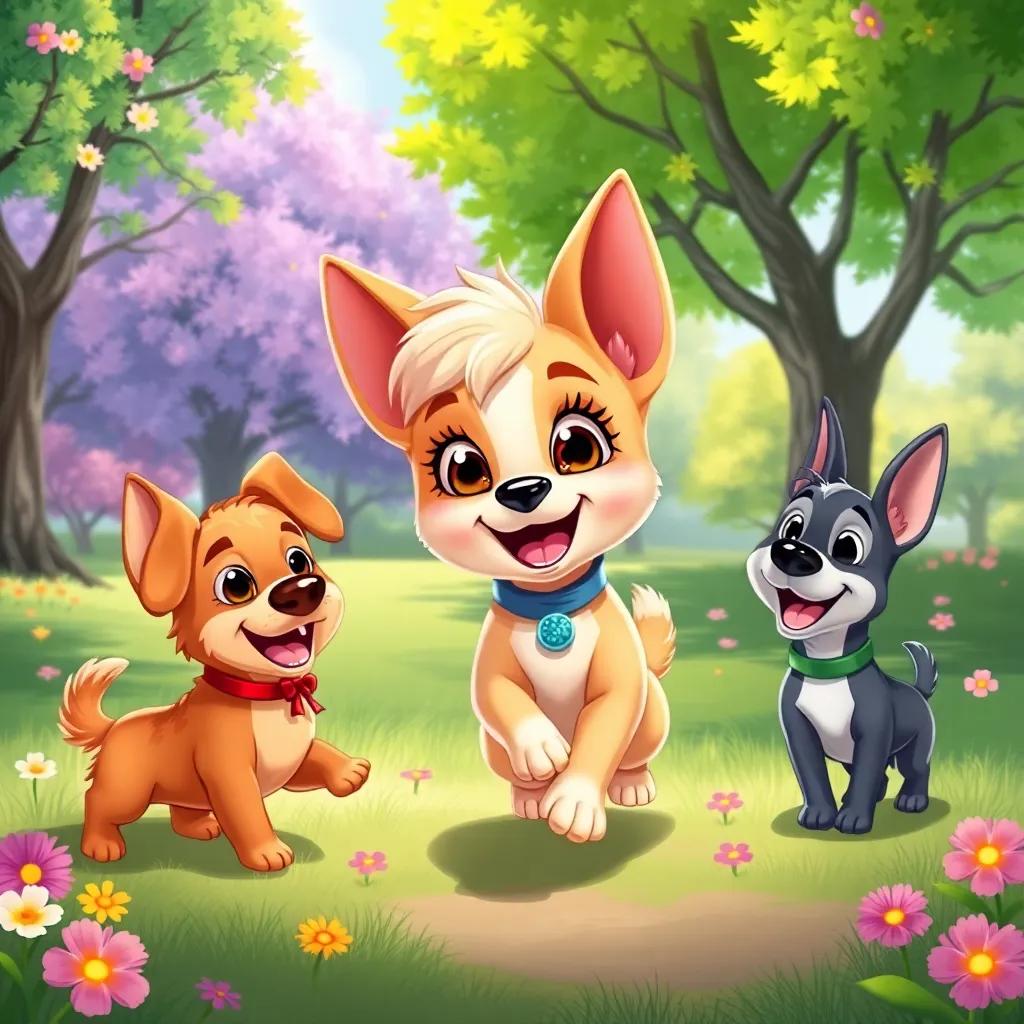 Lila, the transformed little dog, happily playing with her friends in the park, with beautiful trees and flowers around, conveying joy and success, vivid digital art, joyous atmosphere, high quality