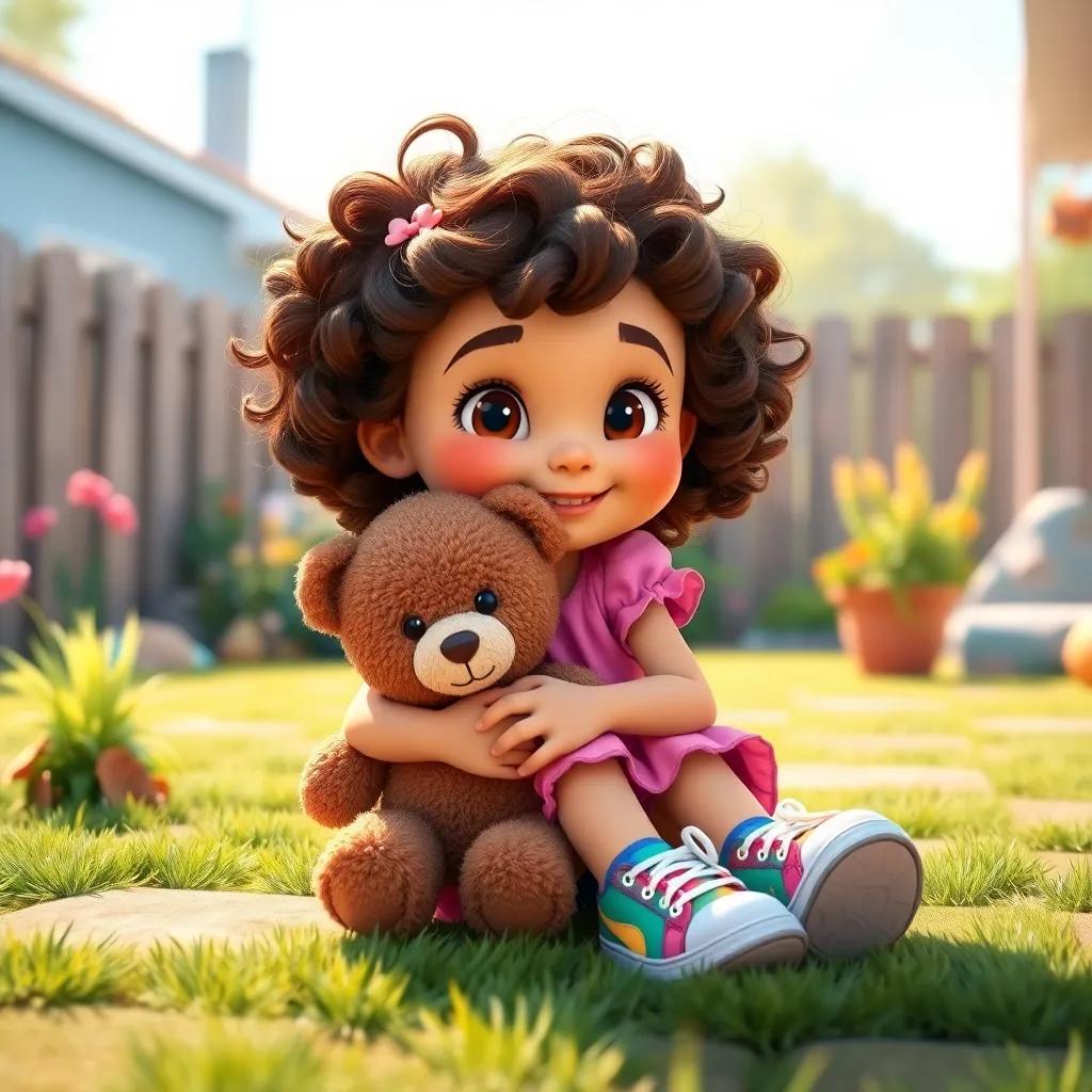 A young girl, Lila, with curly brown hair, wearing a pink dress and colorful sneakers, sitting in her backyard, hugging a cute brown teddy bear, sunny day, vibrant colors, cheerful atmosphere, high quality