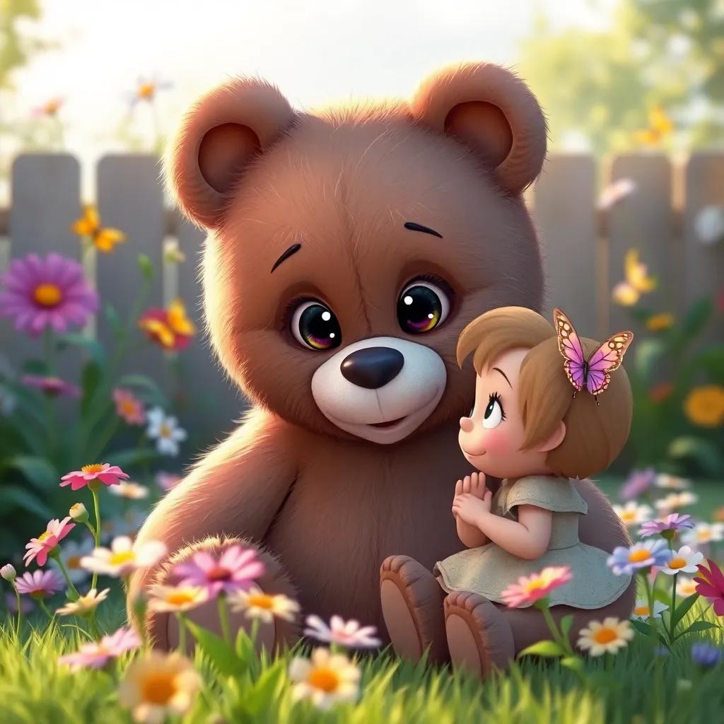 A teddy bear, Benny, with bright, shiny eyes, talking to Lila in the backyard, surrounded by flowers and butterflies, digital art, playful, whimsical feel, high quality