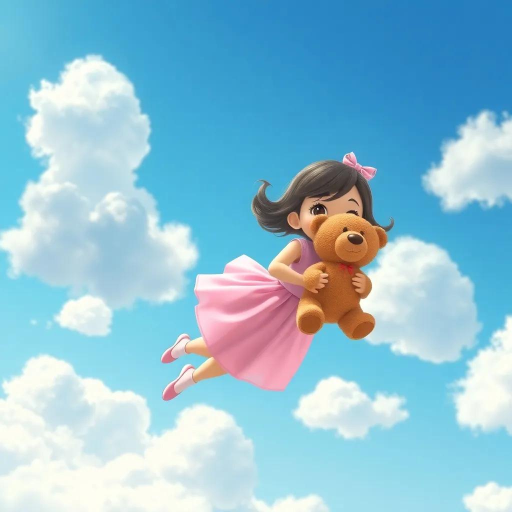 Lila, a young girl in a pink dress, flying happily in the sky with Benny the teddy bear, fluffy clouds and blue sky around them, magical vibes, uplifting colors, high quality