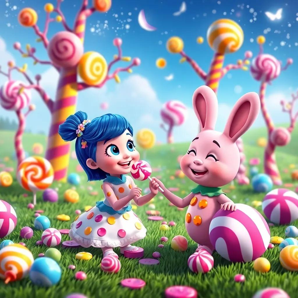 Lila and Benny in a magical land with colorful candy trees and sweets scattered around, Lila picking a lollipop, joyful expression, bright and vibrant colors, enchanting scene, high quality