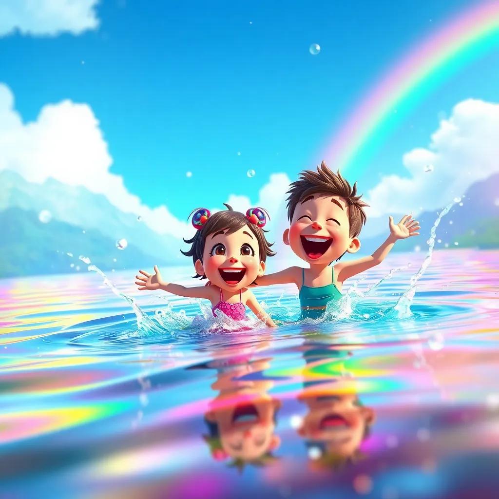 Lila and Benny splashing in the Rainbow Lake, colorful water and rainbows splashing around, laughter on their faces, magical scenery, colorful, whimsical art, high quality