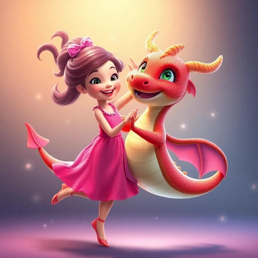 Lila and a friendly dragon dancing joyfully in the air, with sparkles around them, Lila in her pink dress, dragon smiling, cheerful atmosphere, vibrant colors, high quality