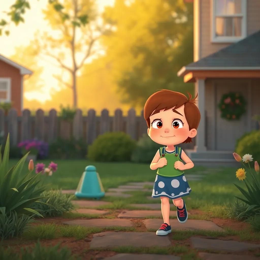 Lila and Benny returning home to their backyard, Lila looking a little sad, but happy at the same time, soft evening light, warm colors, heartfelt scene, high quality