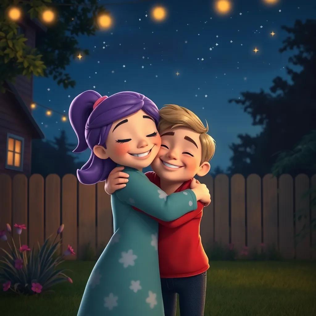 Lila hugging Benny tightly in her backyard, both smiling, with stars starting to twinkle in the sky, magical evening, cozy atmosphere, high quality
