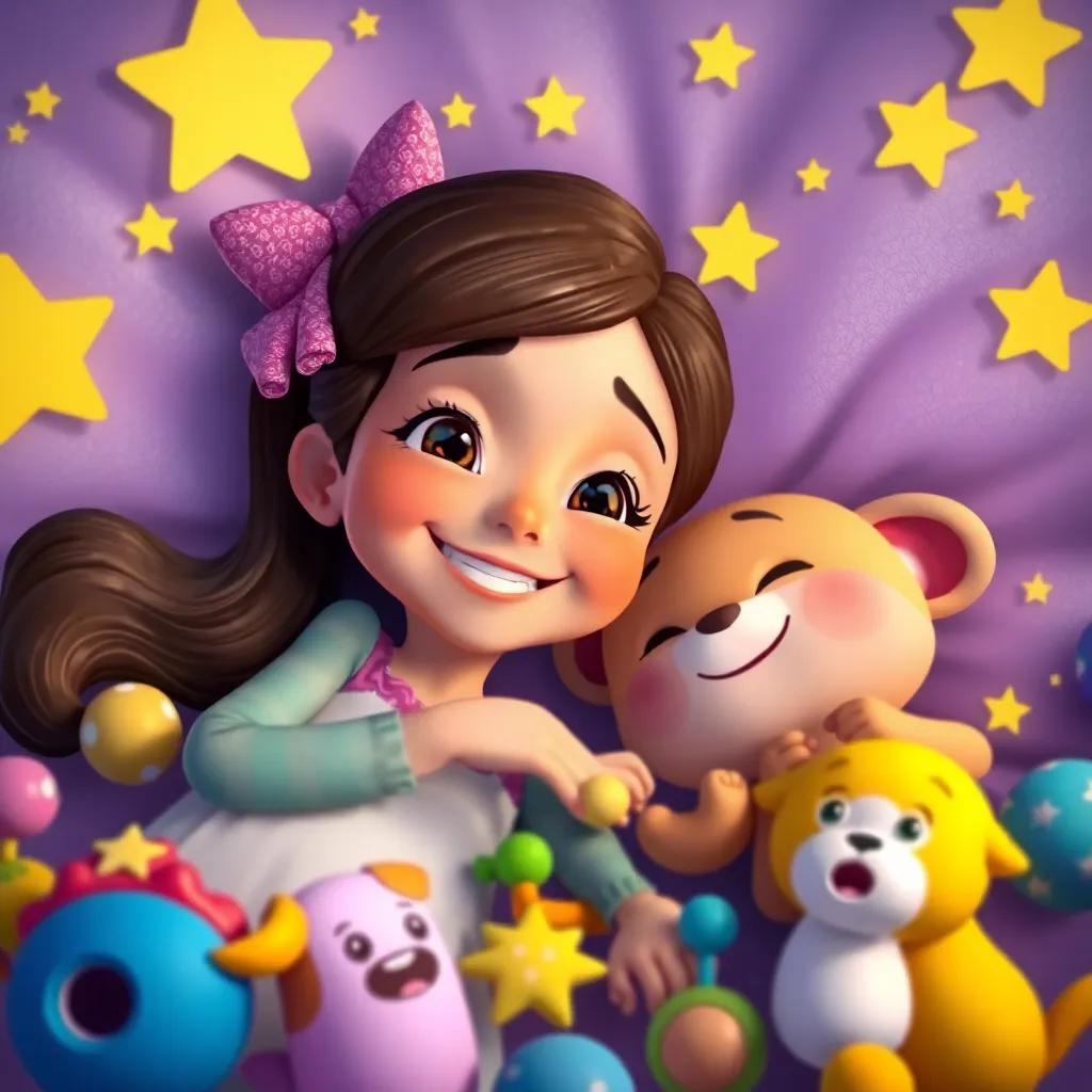 Lila smiling brightly, lying down with Benny, dreaming of their next adventures, surrounded by colorful toys and stars, playful and imaginative scene, high quality