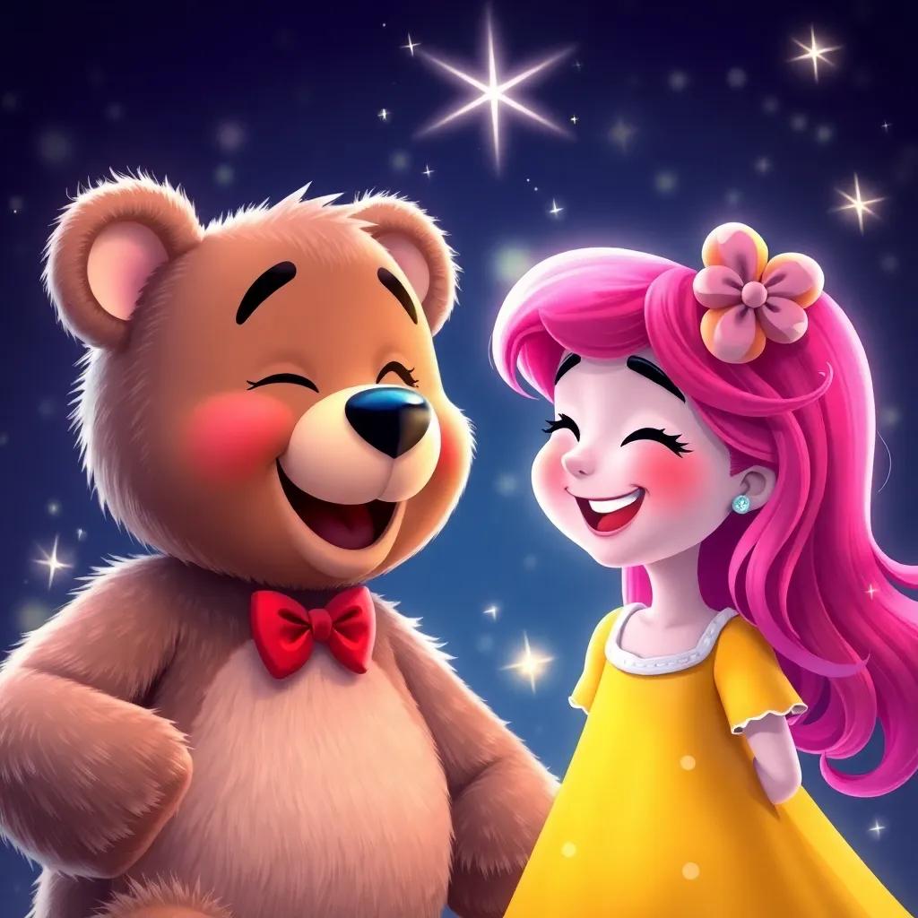 Benny the teddy bear winking at Lila, both laughing, with a swirl of magical sparkles around them, emphasizing joy and imagination, vibrant colors, high quality