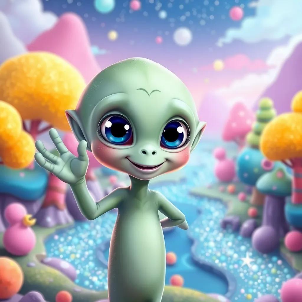 A friendly alien, Zog, with big blue eyes and sparkly green skin, in a colorful landscape filled with candy trees and glittering rivers, smiling and waving, illustration, whimsical style, bright colors, enchanting scene, high quality