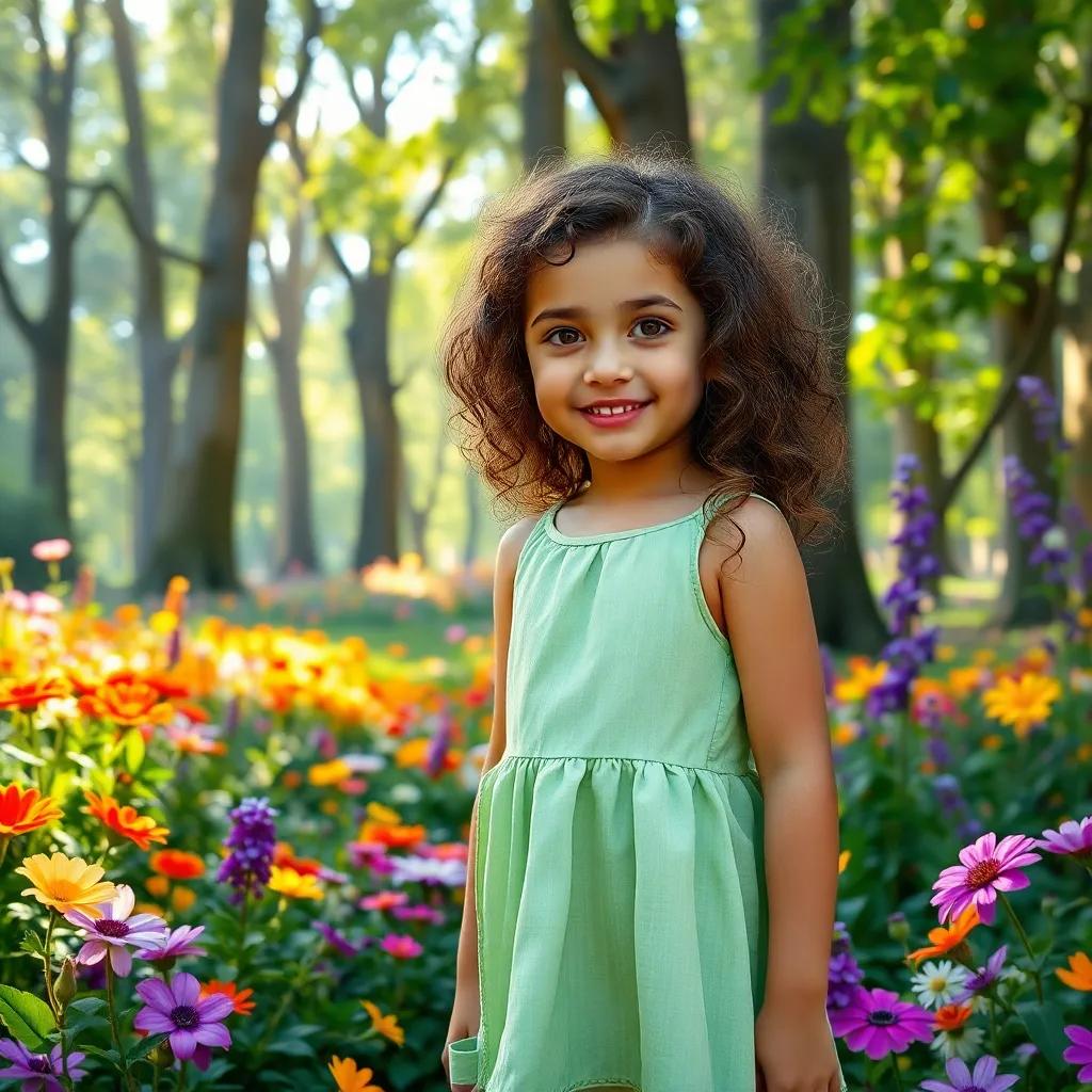 A young girl, Lila, with curly brown hair wearing a light green dress, standing in a colorful magical forest surrounded by vibrant flowers and tall trees, soft sunlight filtering through leaves, cheerful, fantasy-themed, child-friendly