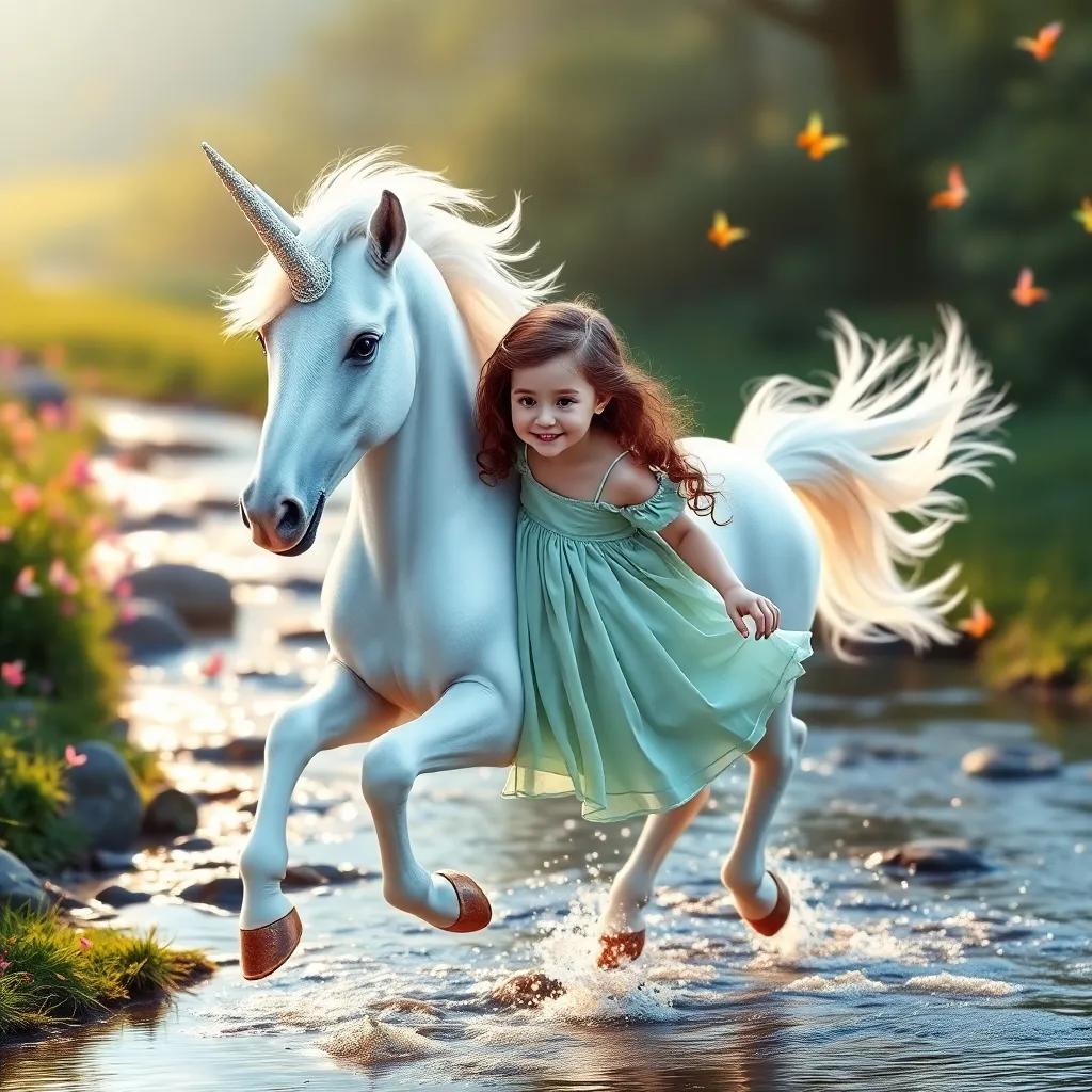 A beautiful unicorn named Luna, with a shimmering white coat and a sparkling horn, with Lila, a young girl with curly brown hair in a light green dress, galloping together near a glistening stream with colorful butterflies, magical atmosphere, joyful interaction, high quality