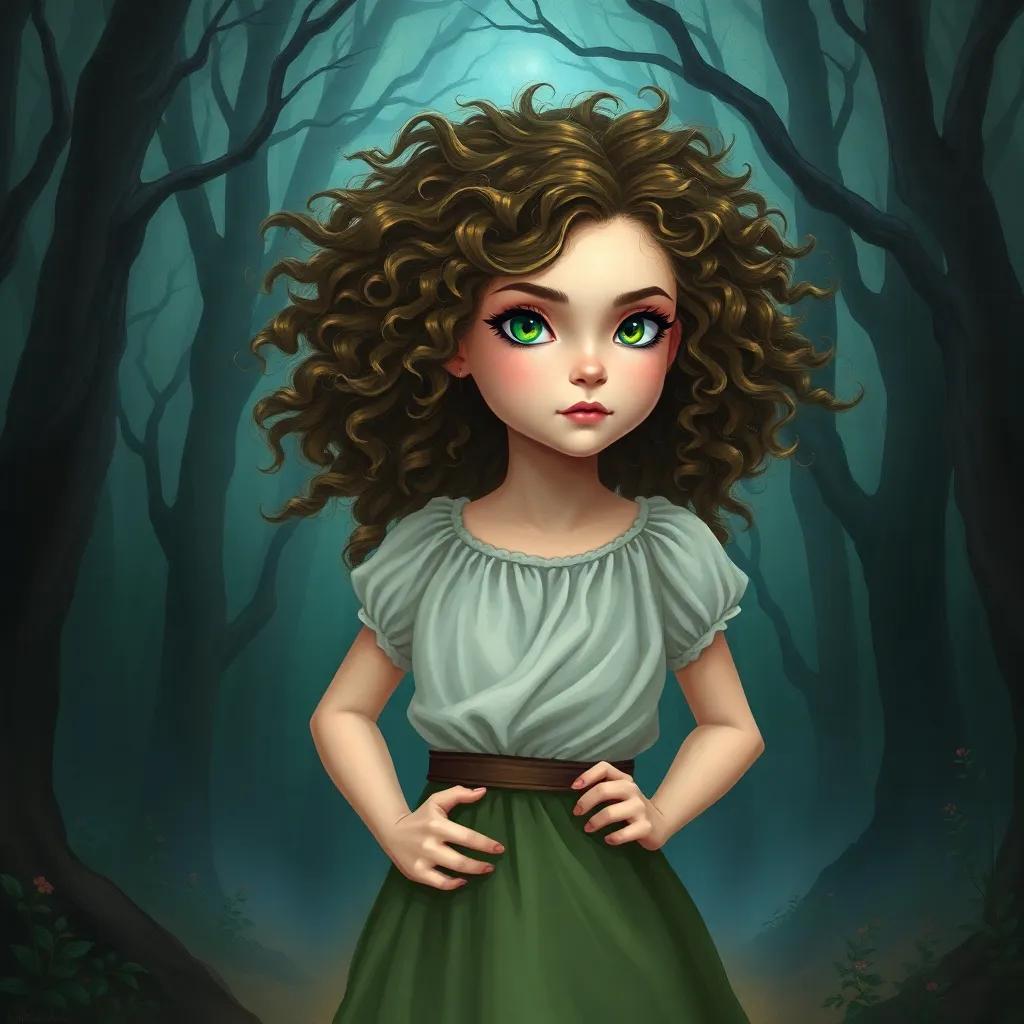 A brave girl, Lila, with twinkling green eyes and wild curly hair, standing at the edge of a dark forest with her hands on her hips, looking determined, mystical trees in the background, digital art, vibrant colors, high quality, captivating atmosphere