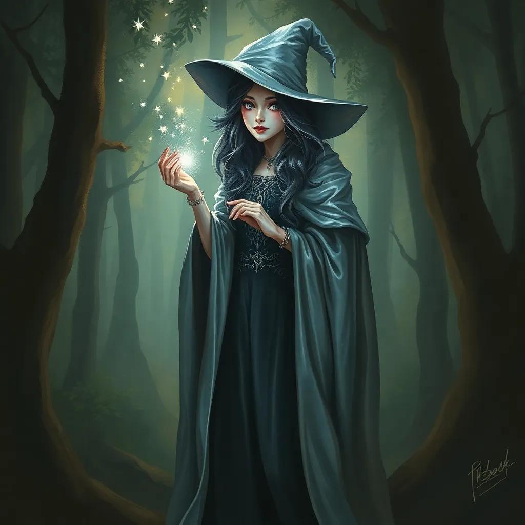 A mysterious witch with a long silver cloak, standing in the shadows of the forest, looking surprised with a gentle smile, surrounded by sparkles, mystical light illuminating her face, fantasy art, enchanting colors, magical scene, high quality