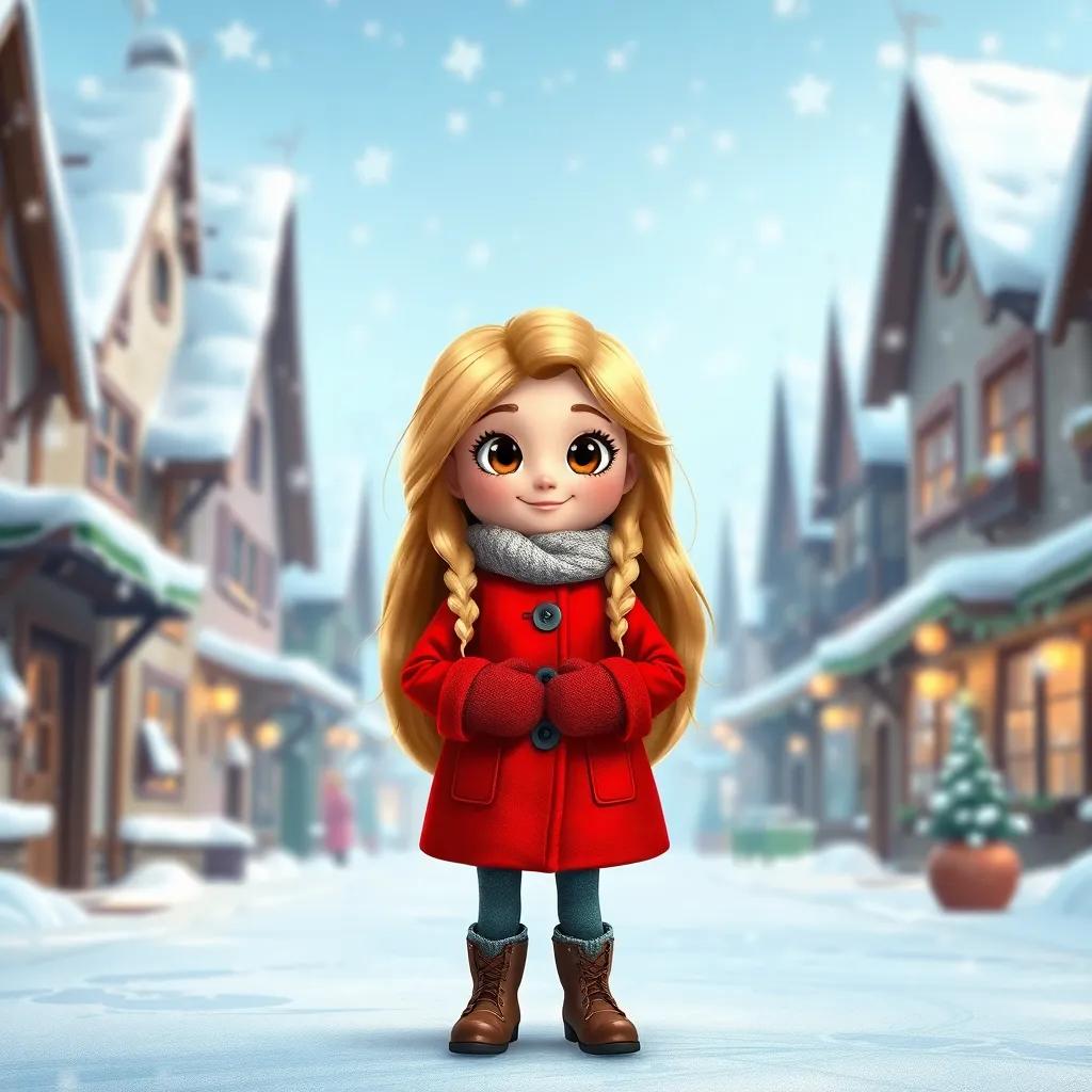 A brave girl named Lila, with long golden hair, wearing a bright red coat with warm mittens, standing in a snowy village with snowflakes falling around her, digital art, cheerful atmosphere, winter wonderland scene, high quality