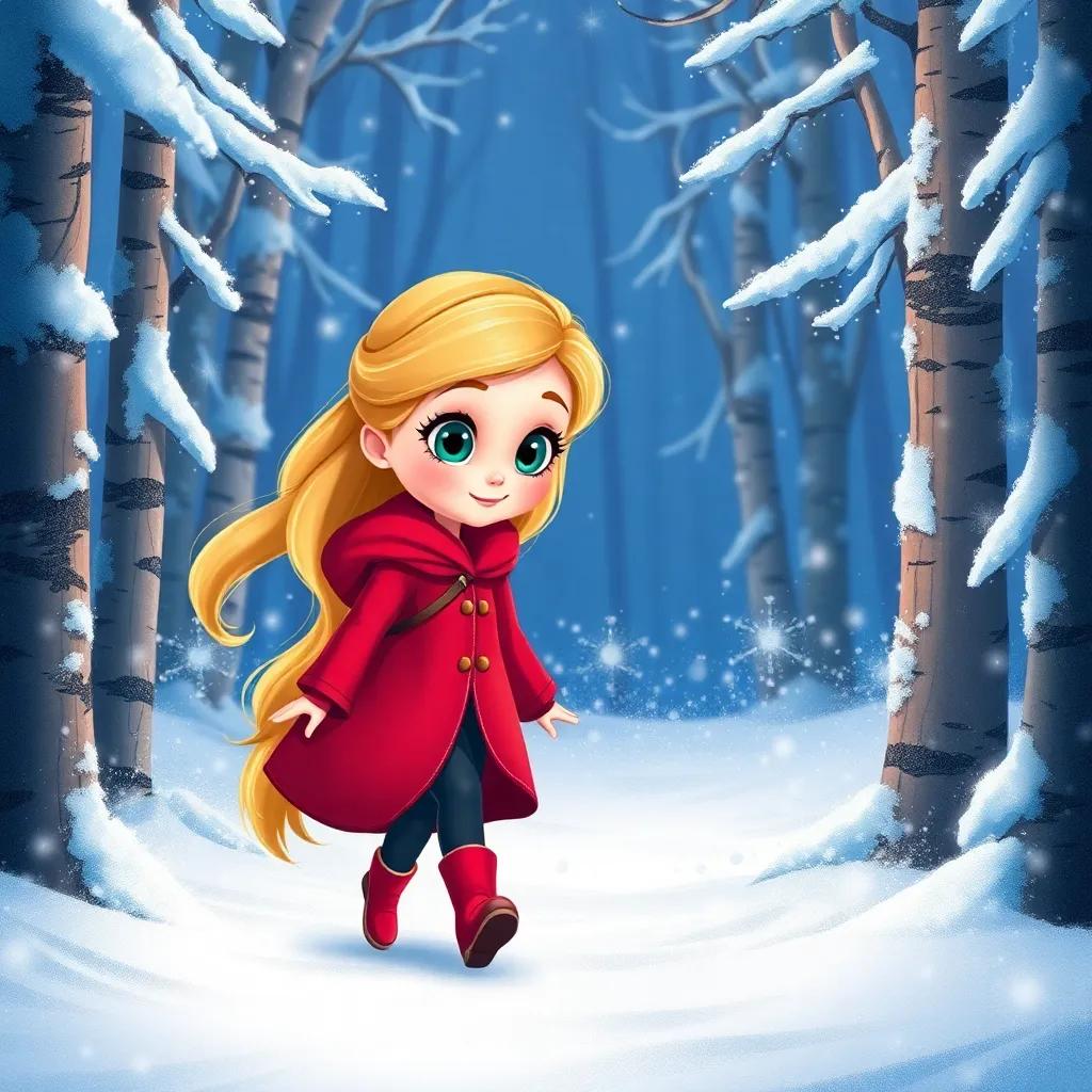 Lila, with long golden hair and a bright red coat, stepping into a sparkling snowy forest, surrounded by glittering snowflakes, with a determined look on her face, illustration, vibrant colors, magical adventure moment, child-friendly