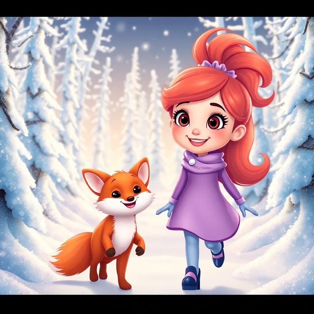 Lila and a small friendly fox, both smiling, walking together through a sparkling white forest filled with shiny ice-covered trees, illustration, bright colors, adventurous scene, whimsical atmosphere