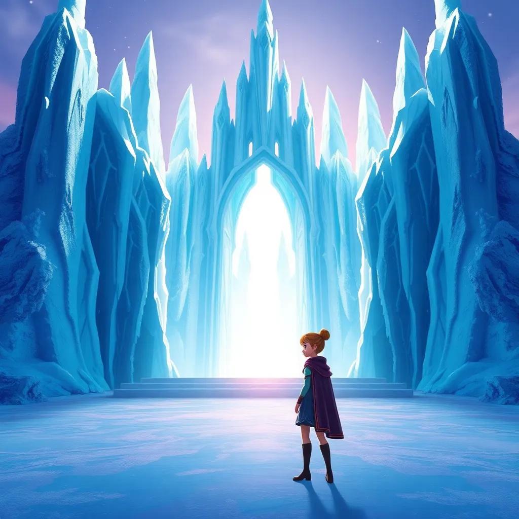 A beautiful ice castle shimmering in the sunlight, with tall frosty gates, Lila standing bravely in front of it, looking determined, digital painting, magical atmosphere, inviting yet icy, high quality
