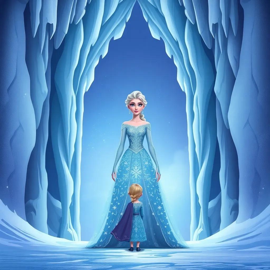 The Snow Queen, wearing a sparkling ice gown, opening the tall icy gates with a chilly expression, Lila standing tall in front of her, showing determination, detailed illustration, cold colors with a hint of warmth, magical realism
