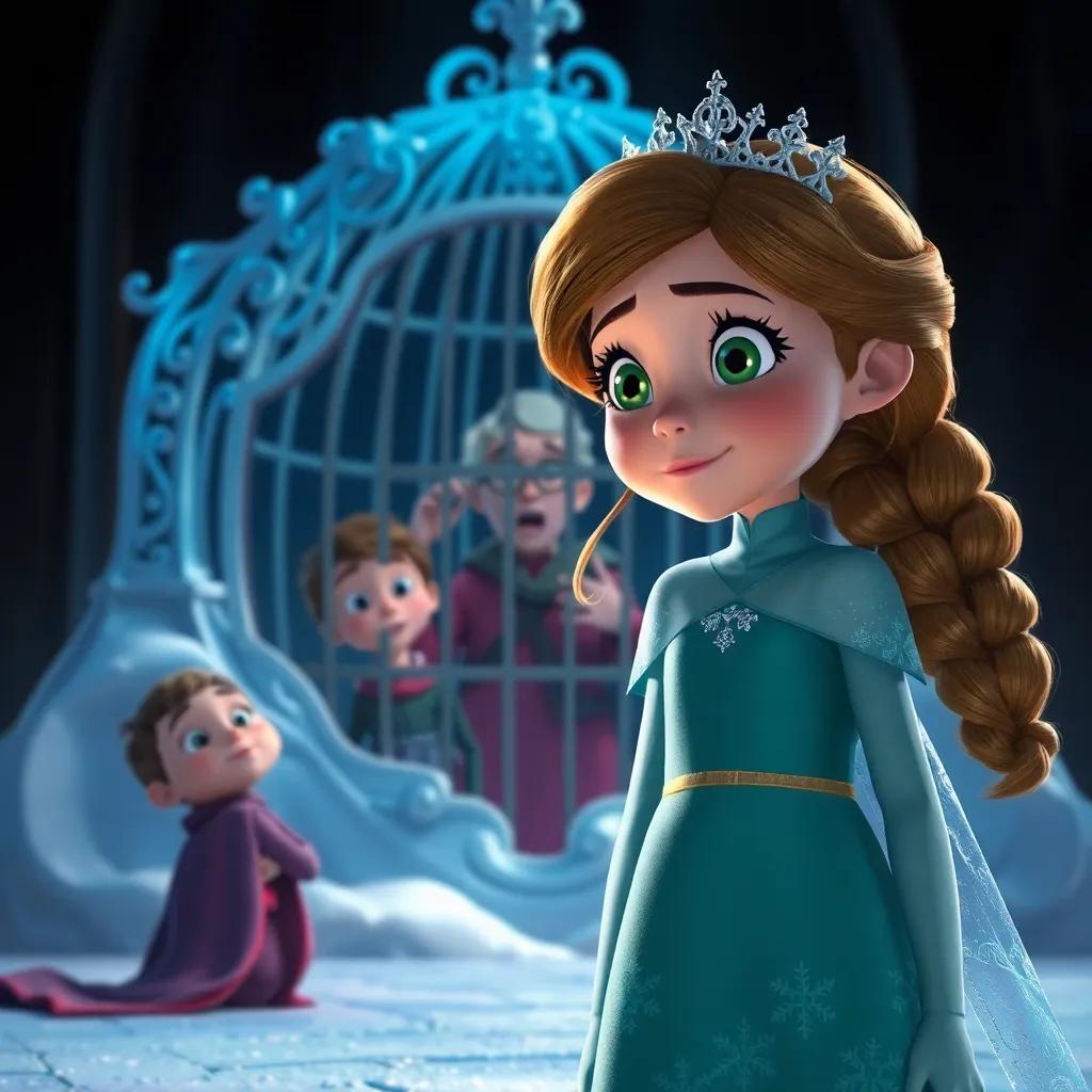 Lila confronting the Snow Queen, her brave expression shining through, Tim trapped in a glass cage behind them, the queen with a surprised look, digital art, dramatic lighting, high tension moment, child-friendly