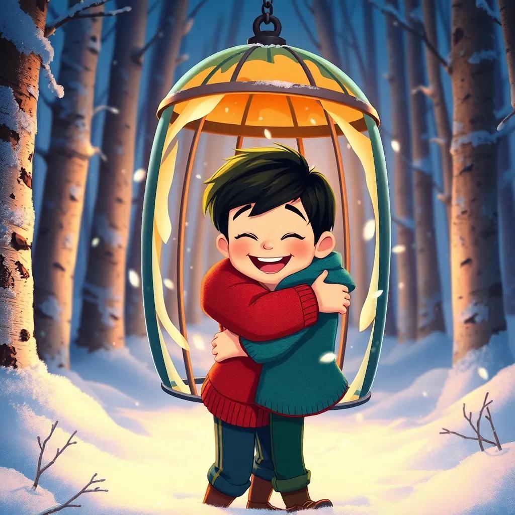 Tim, a boy with short dark hair, escaping from a melted glass cage, Lila and Tim hugging tightly in the snowy forest, joy and warmth radiating from them, colorful illustration, uplifting scene, emotional warmth