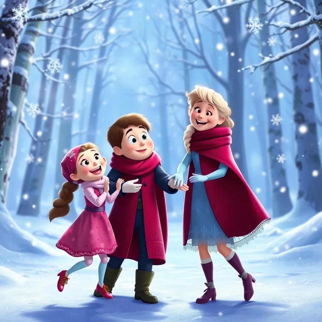 Lila, Tim, and the Snow Queen smiling together, dancing in the snowy forest filled with snowflakes, surrounded by the warmth of friendship, vibrant colors, joyous atmosphere, child-centered