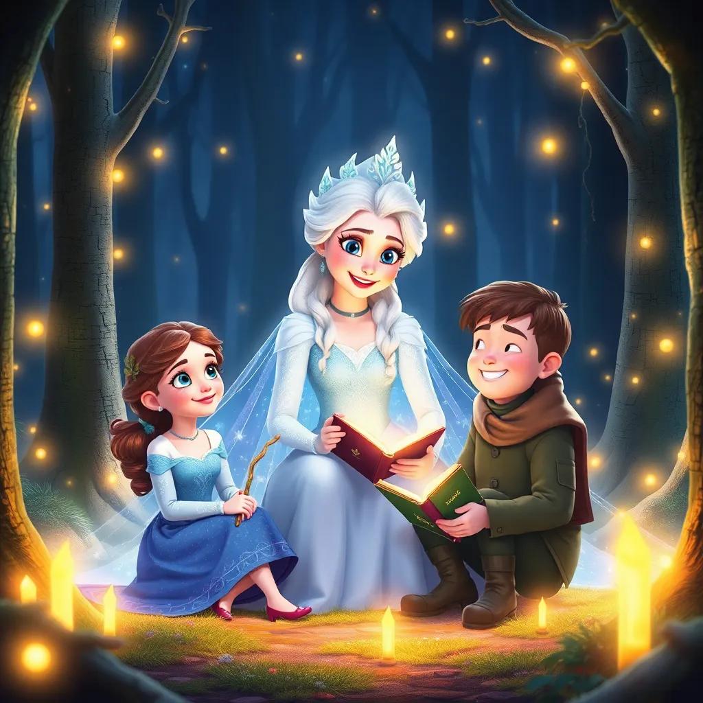 The Snow Queen, happier and transformed, surrounded by Lila and Tim, who are sharing stories, with the forest glowing warmly around them, digital art, magical and bright, heartwarming scene