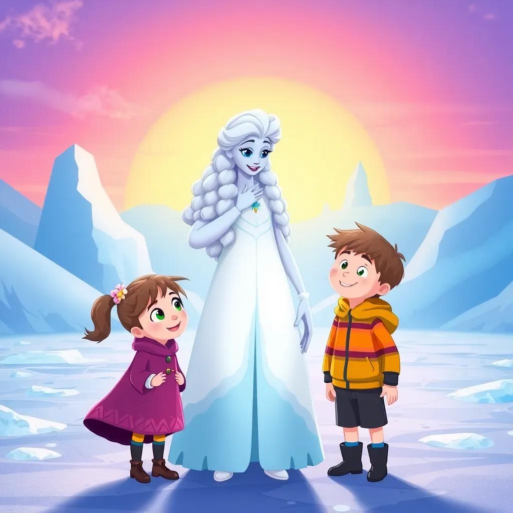 Lila, Tim, and the now-kind Snow Queen together, with ice melting around them and a colorful horizon, symbolizing warmth and friendship, illustration, colorful and vibrant, heartwarming conclusion