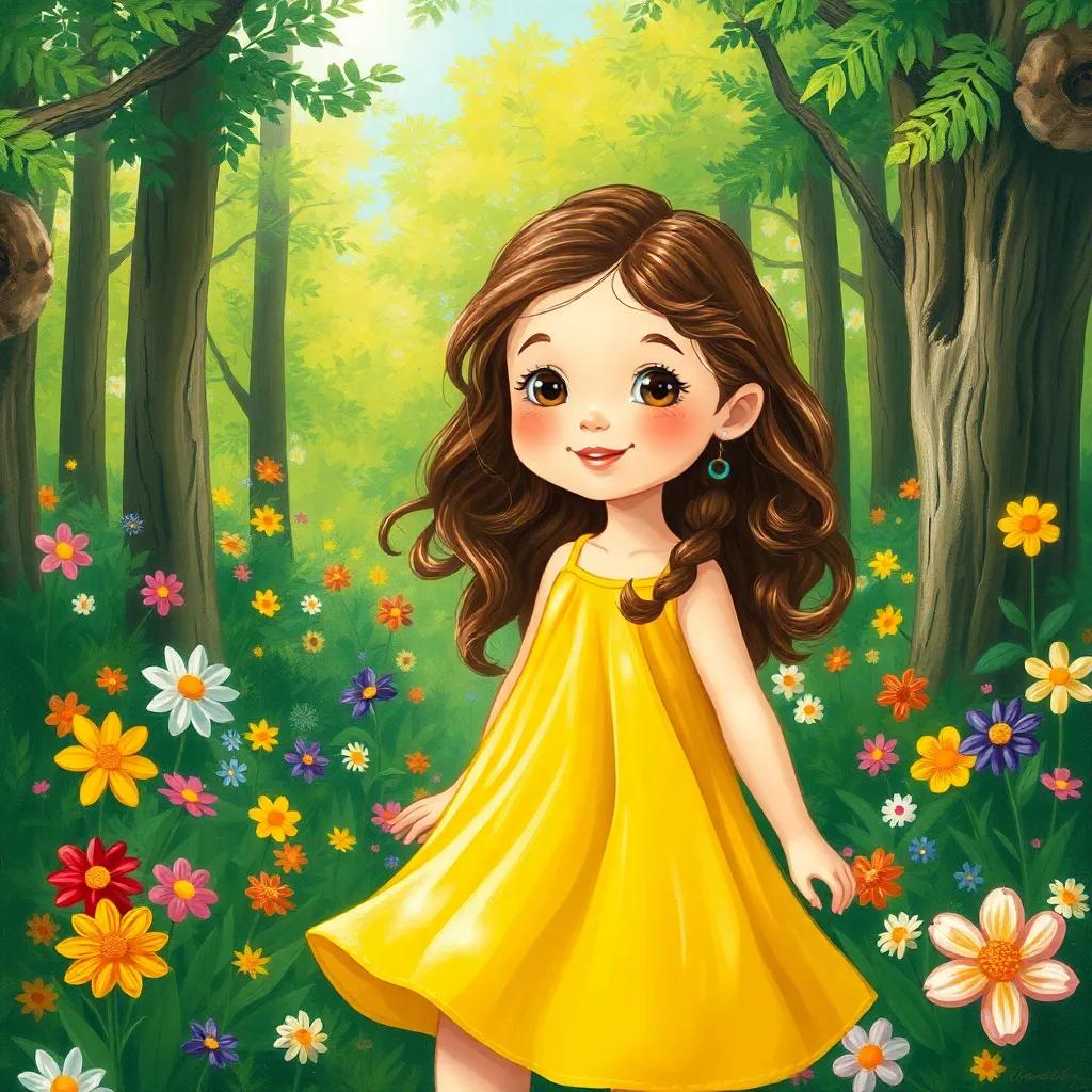 A brave little girl, Lila, with long, wavy brown hair, wearing a bright yellow dress with flowers, playing in a green forest filled with colorful flowers, sunshine streaming down, cheerful atmosphere, illustration, whimsical, child-friendly