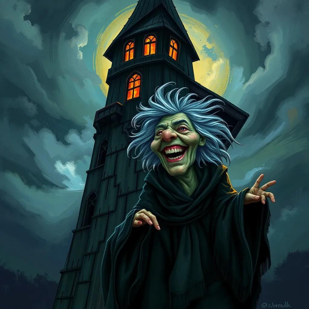 A dark, spooky tower with a wicked witch, Gwendolyn, an old woman with wild gray hair and a tattered black robe, cackling with glee, a gloomy sky behind, digital art, dramatic, child-safe, fantasy