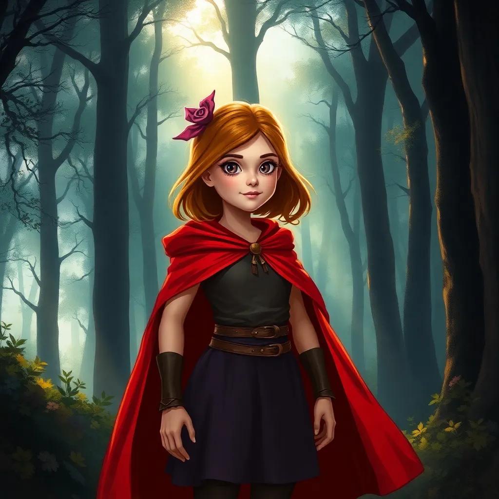 A brave girl, Lila, wearing a red cape, standing at the edge of a dark forest, sunlight filtering through trees, with an adventurous expression, digital painting, magical and inviting atmosphere, vibrant colors, cheerful perspective, high quality