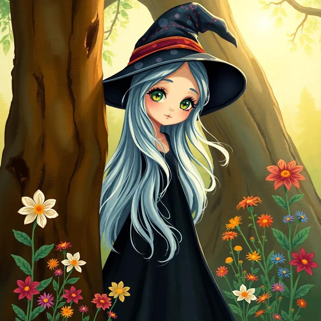 A kind witch, with silver hair and a long black dress, stepping out from behind the trees, her green eyes sparkling with curiosity, surrounded by colorful flowers and sunlight, illustration, warm and friendly, whimsical style, high quality