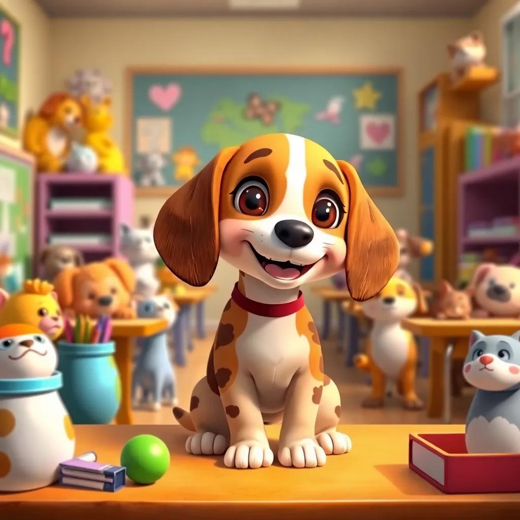 A small beagle puppy named Lila, with brown spots and a curious look, sitting happily in a classroom full of animals, colorful school supplies around, digital art, cheerful and inviting atmosphere, bright colors, detailed illustration, high quality