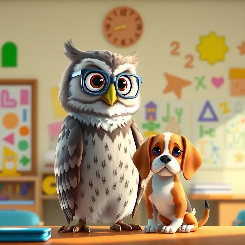 A wise owl teacher, wearing glasses, standing in front of Lila, a small beagle puppy with brown spots, in a classroom filled with colorful drawings and shapes, digital art, warm light, educational setting, engaging scene, high quality