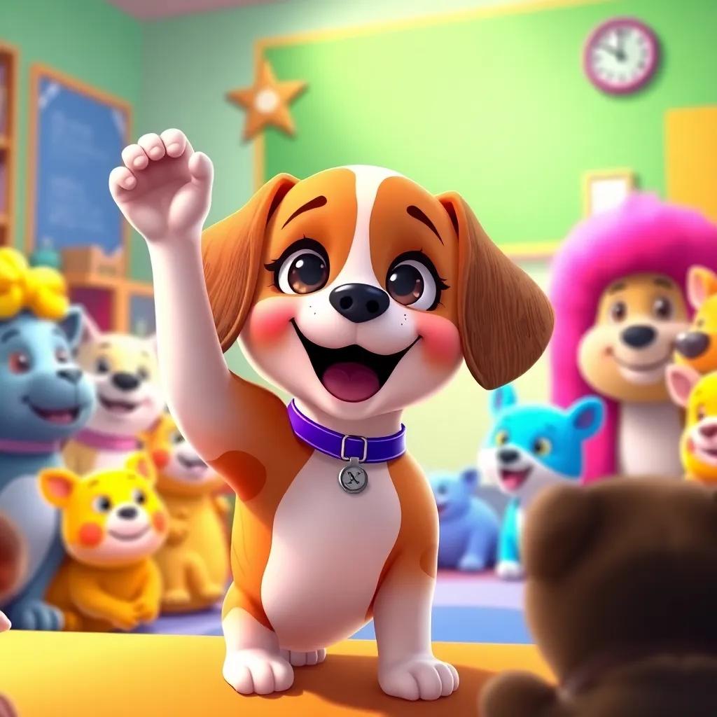 Lila, the small beagle puppy, raising her paw in excitement, surrounded by animal classmates, in a vibrant classroom, interactive lesson about colors, digital illustration, lively atmosphere, bright colors, high quality
