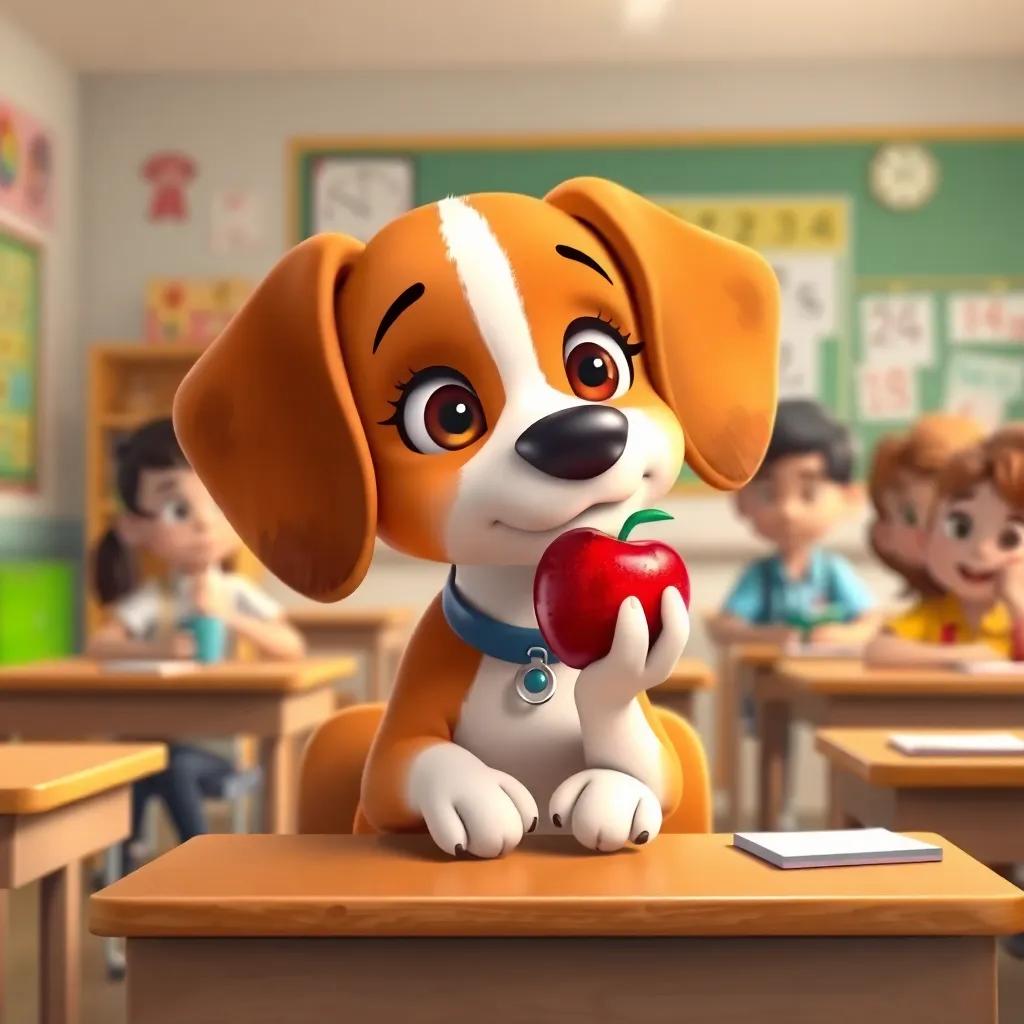 Lila the beagle with a shiny red apple, sitting at her desk, thinking during the math lesson with friendly classmates around, colorful classroom decorations, digital art, playful, joyful, warm lighting, high quality