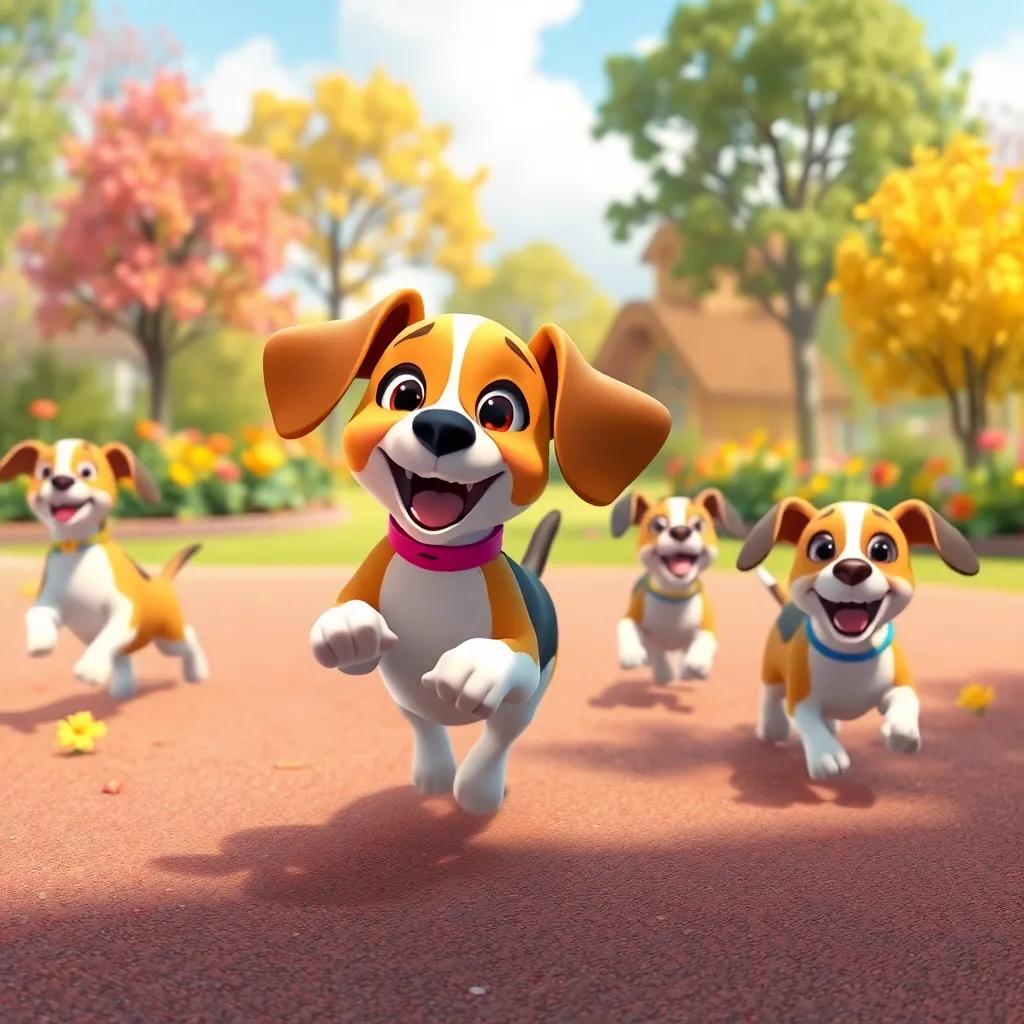 Lila the beagle playing in the playground with her friends, running around with joy, colorful flowers and trees in the background, cheerful atmosphere, digital painting, inviting colors, high quality