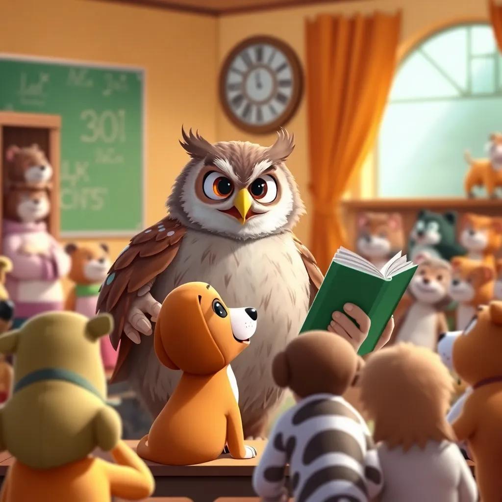 A wise owl teacher narrating an exciting story to the class, Lila the beagle listening attentively, the classroom filled with curious animals, bright colors, engaging scene, digital illustration, high quality