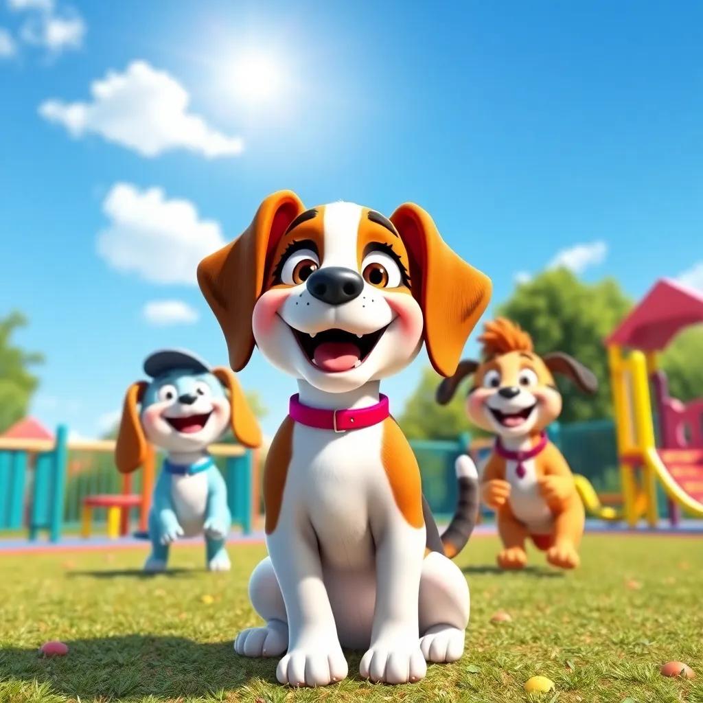 A vibrant playground with Lila the beagle and her friends laughing and playing together under the sunny sky, joyful scene, digital art, colorful playground equipment, high quality
