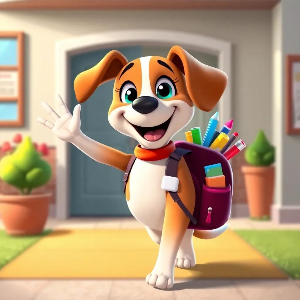 Lila the beagle proudly leaving school with a big smile, waving goodbye to her friends with colorful school supplies in her backpack, digital art, cheerful end of the day scene, bright colors, high quality