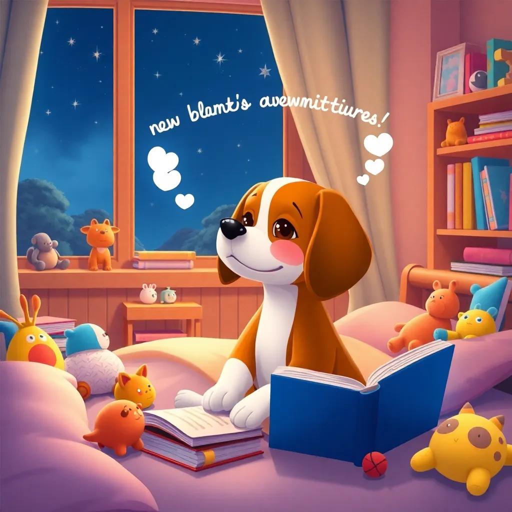Lila the beagle dreaming about new adventures, surrounded by books and colorful toys in her cozy bedroom, night time with stars outside the window, calming digital illustration, tranquil atmosphere, warm colors, high quality