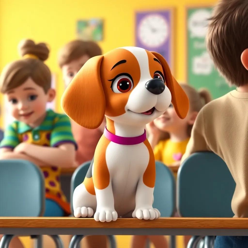 Lila the little beagle sitting next to her friends at school, paying attention to the teacher, enjoying her learning journey in cheerful, bright colors, engaging classroom scene, digital art, high quality
