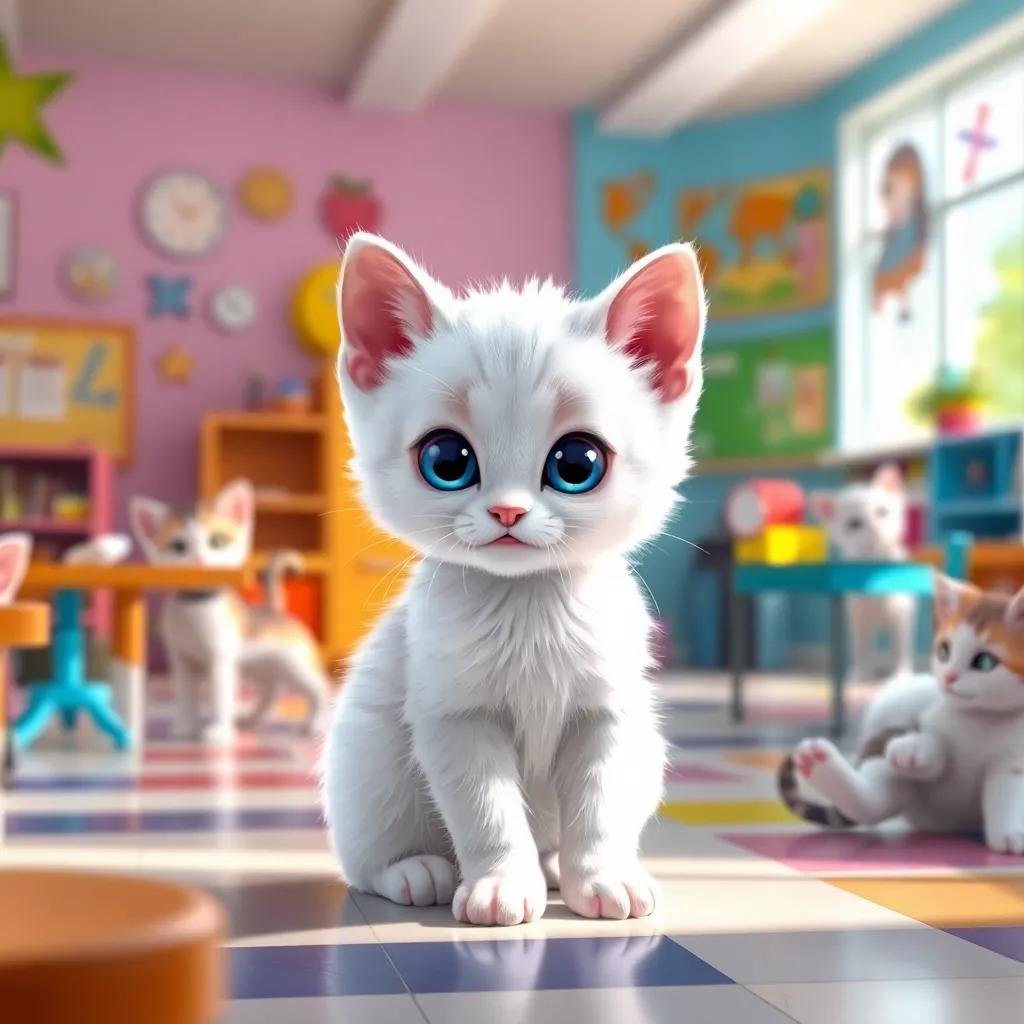 A timid little kitten, Lila, with white fur and bright blue eyes, sitting alone in a colorful classroom with other kittens playing, bright colors, cheerful atmosphere, digital art, vibrant and inviting, high quality