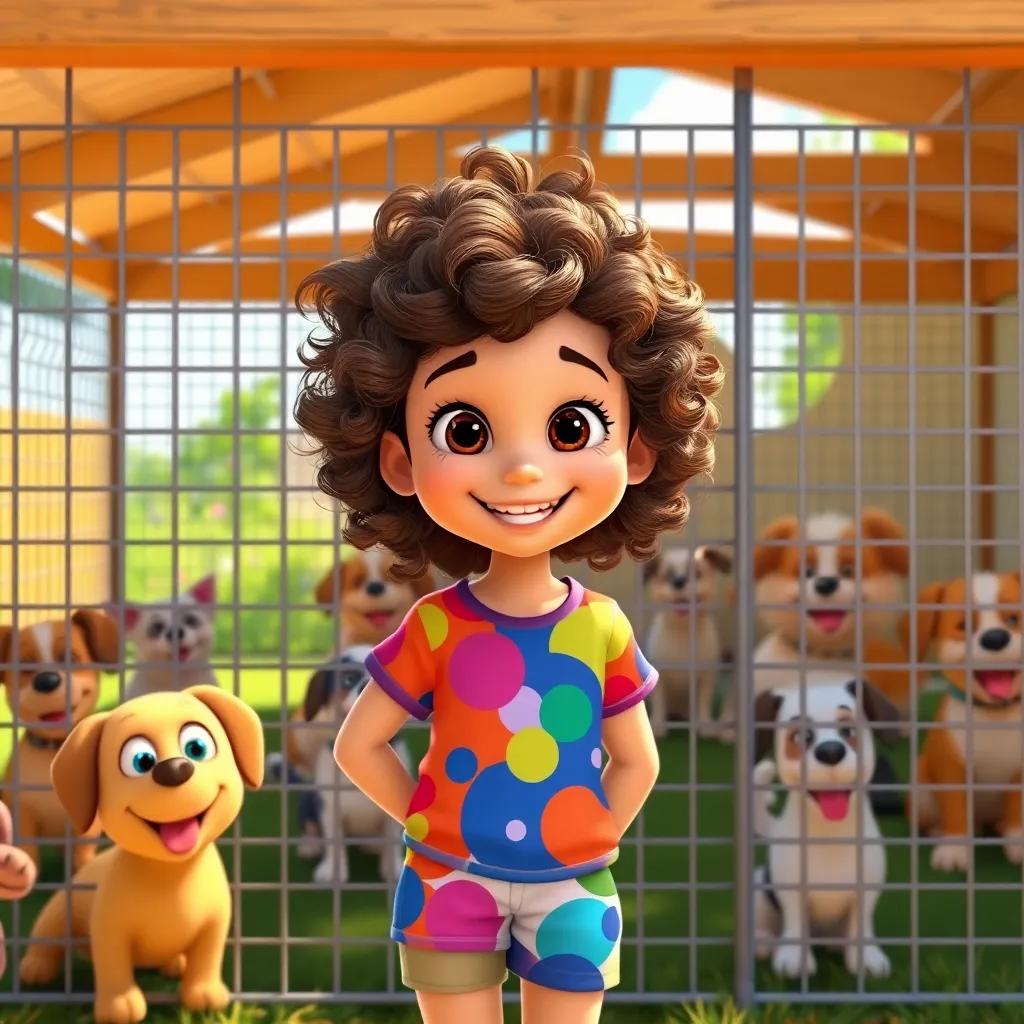 A young girl, Lila, with curly brown hair, wearing a colorful t-shirt and shorts, smiling brightly in front of a dog kennel filled with playful dogs, sunny day, cheerful atmosphere, vibrant colors, digital art