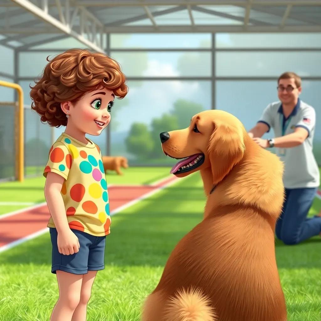 Lila, a young girl with curly brown hair, wearing a colorful t-shirt and shorts, watching an experienced trainer demonstrating a trick with a golden retriever, in a dog training area, bright and joyful, detailed illustration