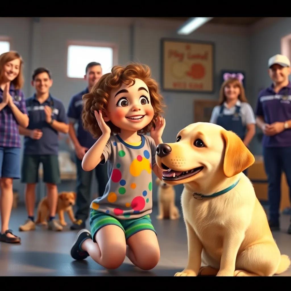 Lila, a young girl with curly brown hair, wearing a colorful t-shirt and shorts, cheering happily as a yellow labrador named Rex sits happily, surrounded by trainers in a dog training workshop, warm light, engaging scene