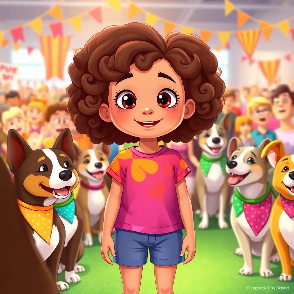Lila, a young girl with curly brown hair, wearing a colorful t-shirt and shorts, standing in front of an excited audience at a dog show, colorful bandanas on the dogs, lighthearted and festive atmosphere, vibrant illustration