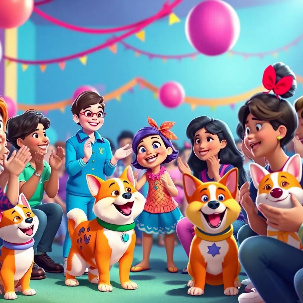 A cheerful audience clapping and laughing, watching Lila and the trainers perform tricks with happy dogs, all wearing colorful accessories, festive atmosphere, bright and colorful, heartwarming scene