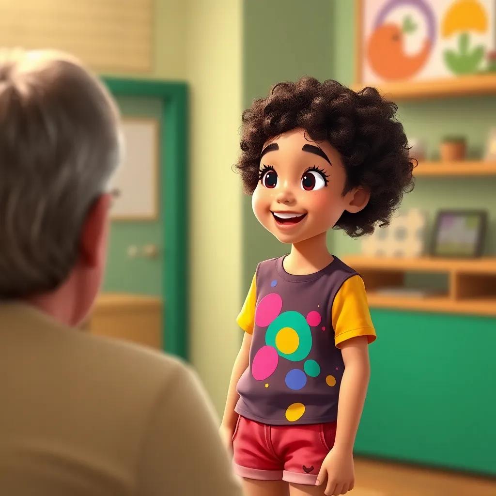 Lila, a young girl with curly brown hair, wearing a colorful t-shirt and shorts, feeling delighted while talking to a potential dog adopter about the happiness dogs bring, supportive environment, warm light