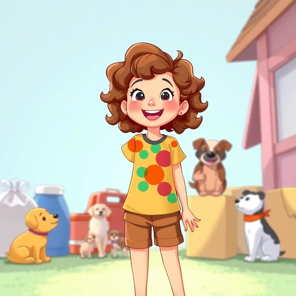 Lila, a young girl with curly brown hair, wearing a colorful t-shirt and shorts, joyfully organizing a donation drive with her friends to gather supplies for the kennel, bright and cheerful illustrations, community spirit