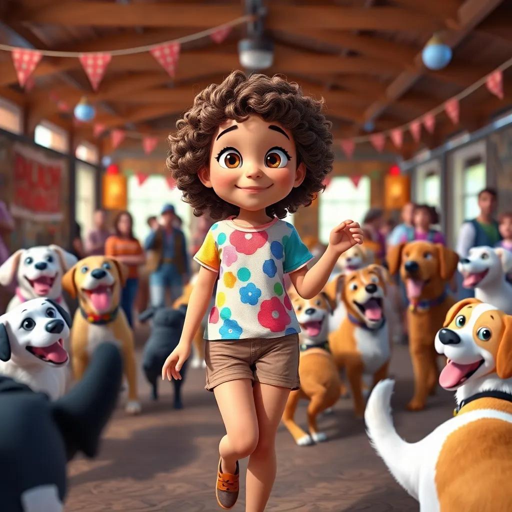 Lila, a young girl with curly brown hair, wearing a colorful t-shirt and shorts, dancing with her friends at a fun day event in the dog kennel, surrounded by happy dogs and playful energy, fun and lively atmosphere