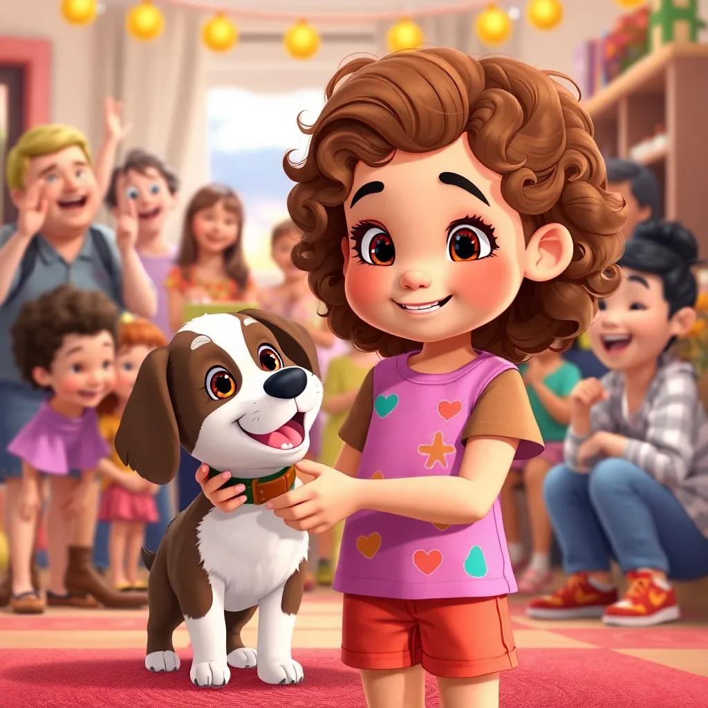 Lila, a young girl with curly brown hair, wearing a colorful t-shirt and shorts, helping a dog find a forever home, excited families in the background, heartwarming scene